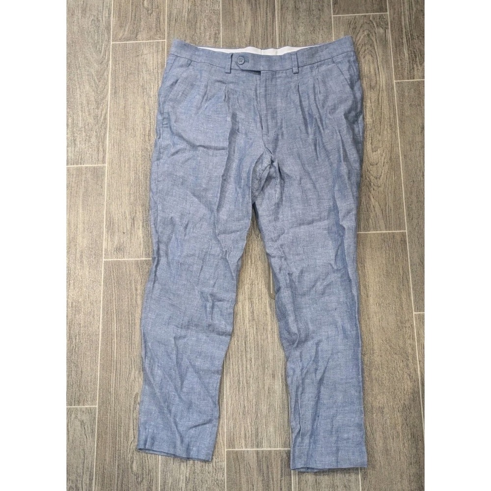 Express 100% Linen Chambray Herringbone Blue Pants Pleated Summer Mens 30x26